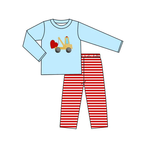 9.30 BLP1303 Baby Boys Hearts Excavator Top Stripe Pants Valentine Clothes Sets Preorder