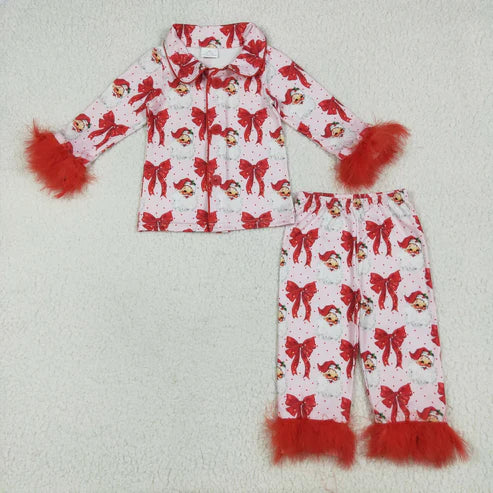 11.1 Mommy&Me Red Bows Santa Button Top Pants Christmas Fur Pajamas Sets