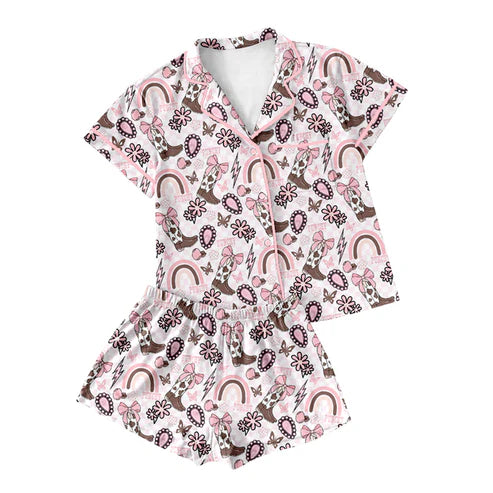 4.12 GSSO2519 Adult Women Boots Rainbows Button Pocket Top Shorts Pajamas Set Preorder