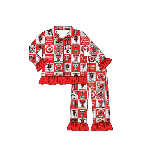 9.8 Custom Moq 5 Baby Girls Texas Tech Team Buttons Top Pants Pajamas Clothes Sets
