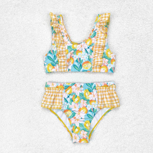 S0343 Floral orange yellow plaid lace blue bathing suit