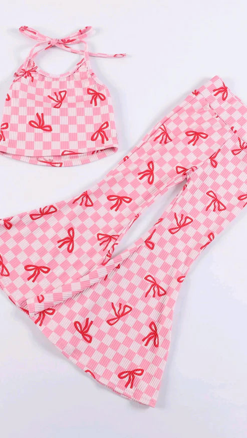 5.19 GSPO2030 Baby Girls Strap Pink Plaid Vest Top Bell Bottom Pant Set Preorder