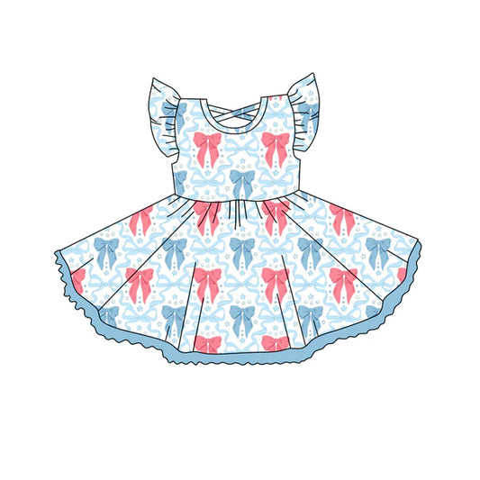 3.27 GSD2255 Baby Girls Flutter Sleeves 4th Of July Star Bow Blue Knee Length Dress Preorder