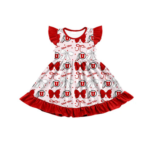 7.3 Custom Moq 3 Baby Girls Flutter Sleeves UU Bows Team Knee Length Dresses