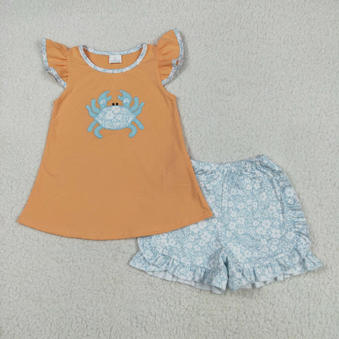 5.21 GSSO2555 Embroidered Baby Girls Orange Flutter Sleeves Crab Tunic Floral Ruffle Short Set