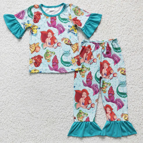 9.30 GSPO0315 Kids Clothing Girls Short Sleeve Top And Long Pants Pajamas Cartoon Print