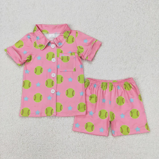 3.26 GSSO2203 Baby Girls Baseball Stars Buttons Top Shorts Pajamas Clothes Set