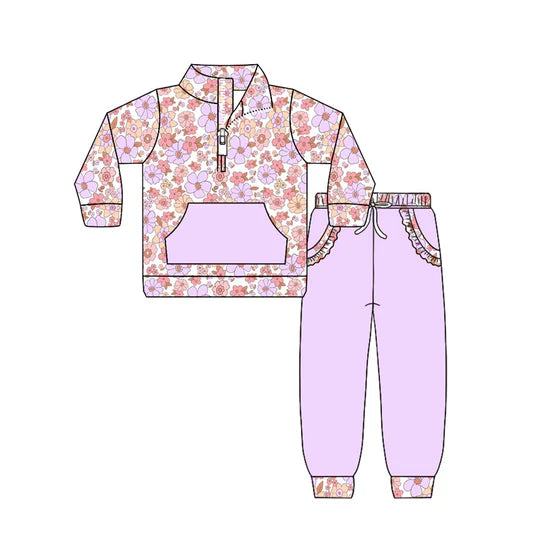 12.11 MOQ：5pcs GLP3281 pre-order toddler girl clothes purple floral print girl winter set
