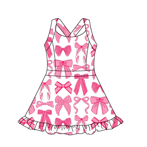 5.23 GSD2564 Baby Girls Strap Hot Pink Bows Plaid Activity Wear Yoga Knee Length Dresses Preorder