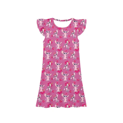 GSD1634 Baby Girls Pink Mouse Flowers Flutter Sleeve Knee Length Dresses Preorder