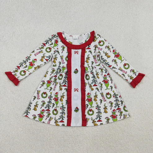 10.17 GLD1289 Embroidery Baby Girls Green Face Miss Bows Christmas Knee Length Dress