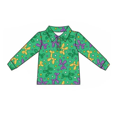 10.1 BT1389 Baby Boys Green Long Sleeve Stars Dogs Mardigras Polo Shirts Top Preorder
