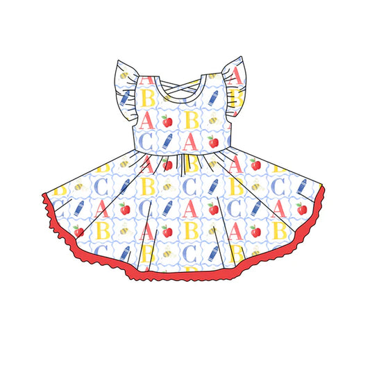 3.27 GSD2258 Baby Girls Flutter Sleeves ABC Pencil Apple Grid Knee Length Dress Preorder
