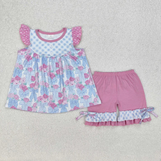 3.14 GSSO1642 Baby Girls Checkered Flowers Bows Tunic Ruffle Shorts Clothes Set
