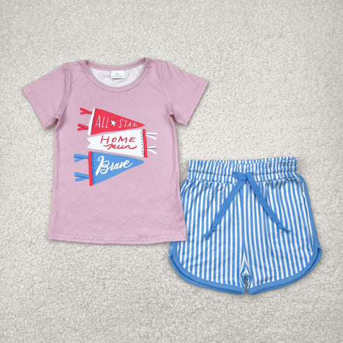 4.29 GSSO2288 Baby Girls Flag Pink Short Sleeve Tee Tops Stripes Shorts Clothes Set