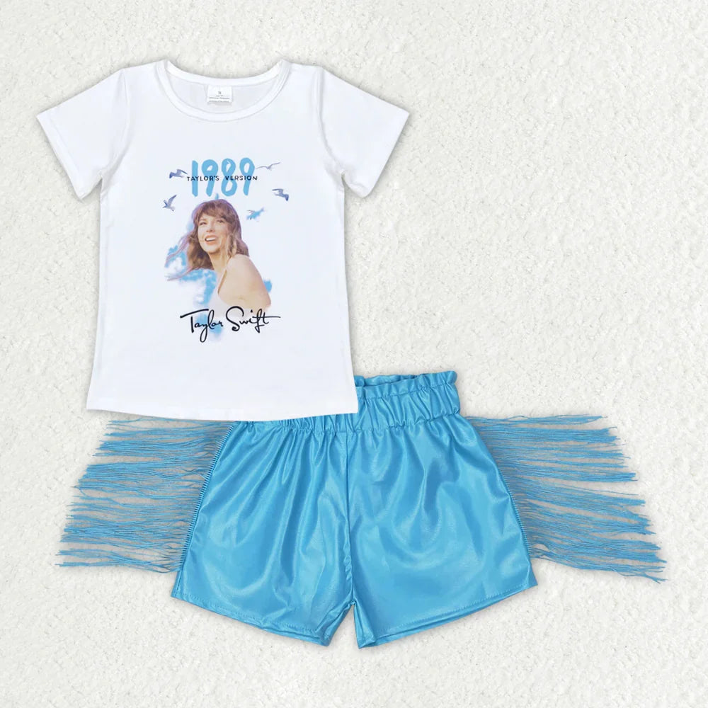 GT0531+SS0241 Baby Girls Singer 1989 Shirts Tops Leather Blue Tassel Shorts Clothes Sets