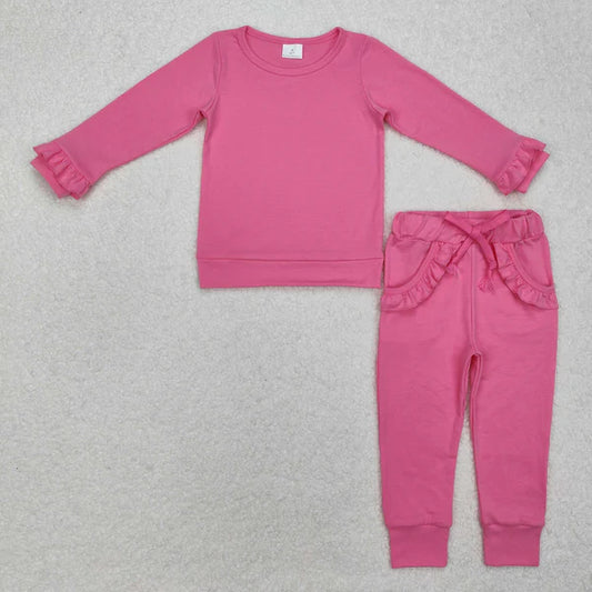 3.18 GLP2258 Baby Girls Hot Pink Top Ruffle Pockets Pants Jogger Clothes Set