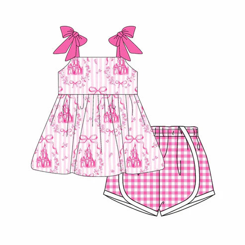 4.22 GSSO2582 Baby Girls Pink Strap Castles Bows Tunic Plaid Short Set Preorder