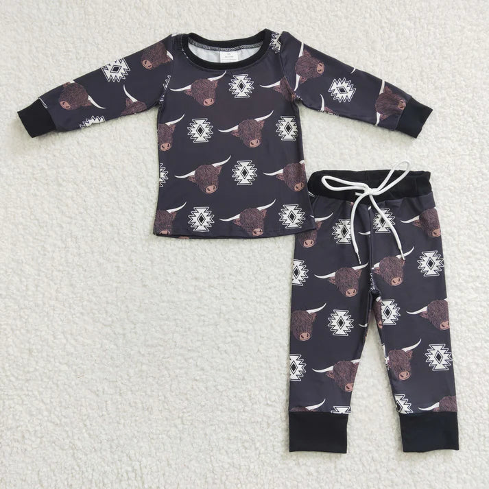 BLP0153 Baby Boys Western Highland Cow Pajamas Clothes Set