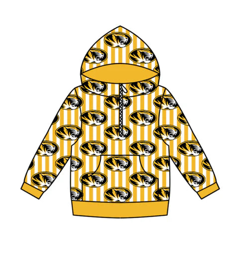 11.4 Custom Moq 8 Baby Boys Zipper Pockets Yellow Stripe Tigers Team Hoodies Top