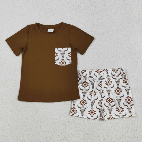 5.9 BSSO1319 Baby Boys Brown Pocket Top Aztec Cow Shorts Clothes Set