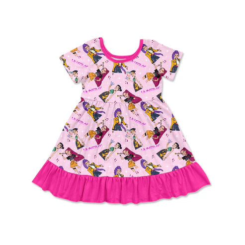 10.23 GSD2917 Baby Girls Short Sleeve Cartoon Girls Ruffle Knee Length Dresses Preorder