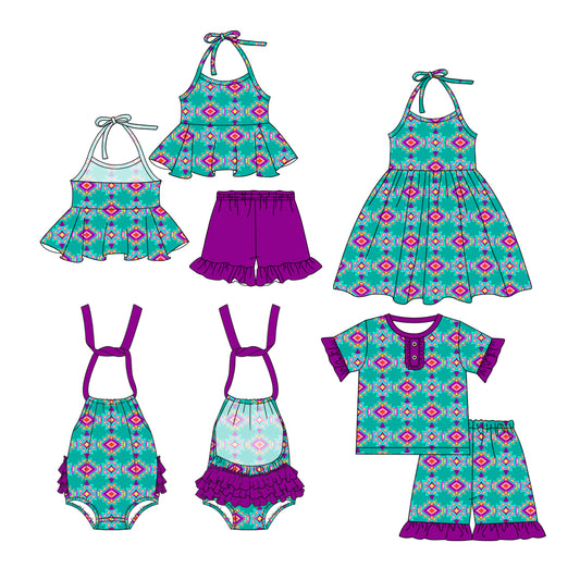 26.1.2 Custom MOQ:3 or 5 pcs each design milk silk Sibling baby girl clothes geometric short sleeve shorts sets 2 and dress and romper