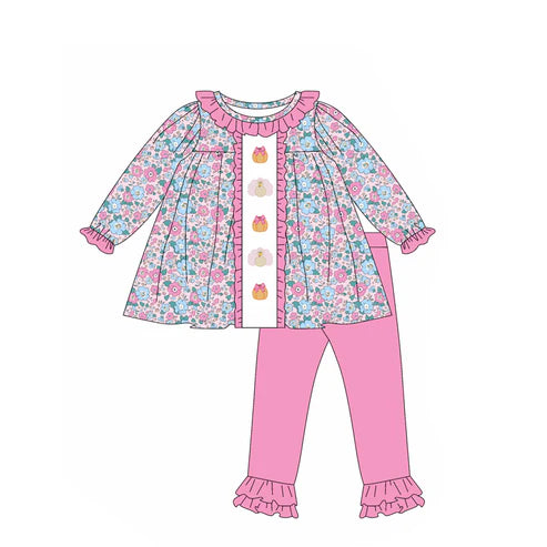 5.19  GLP2352 Baby Girls Long Sleeves Floral Turkey Pumpkins Tunic Ruffle Pant Set Preorder