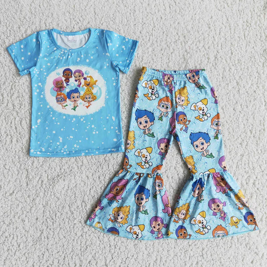 5.22 B0-26 Cartoon Character Pike Blue Short Sleeve Flared Pants Set