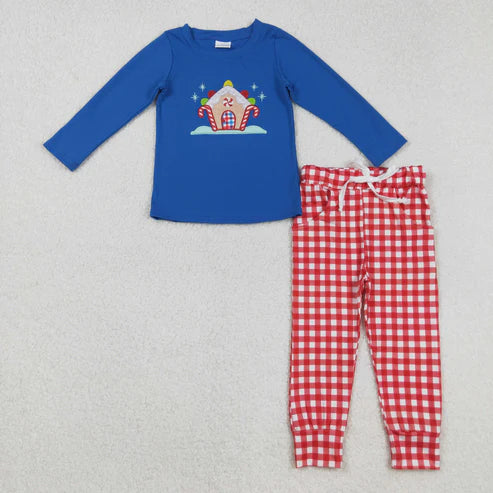 8.29 BLP1151 Embroidery Baby Boys Blue Long Sleeves Candy Cane Top Red Plaid Pockets Pant Set