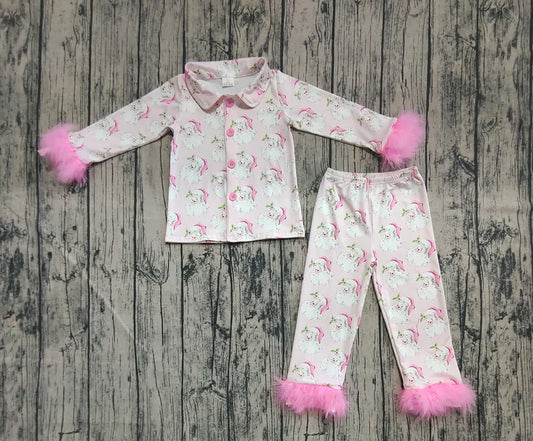 6.16 GLP2376 Baby Girls Pink Long Sleeves With Fur Santa Button Top Pants Pajamas Set Preorder