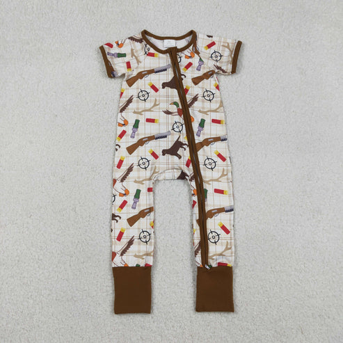 12.19 SR3497 Baby Boys Khaki Checked Dogs Ducks Hunting Two Way Zip Convertible Romper