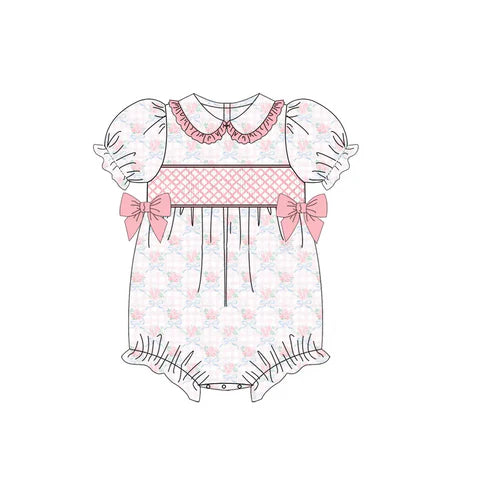 3.22 SR2917 Baby Infant Girls Pink Short Ruffle Sleeves Floral Bows Top Rompers Preorder
