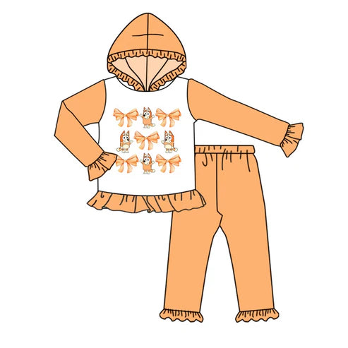 5.26 GLP1948 Baby Girls Orange Dogs Bow Hooded Top Pants Clothes Sets Preorder