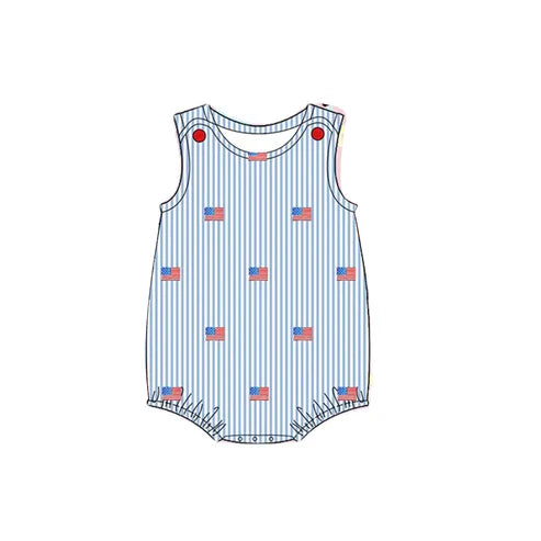 3.20 SR2928 Baby Infant Boys Sleeveless Blue Stripe Flags 4th Of July Rompers Preorder