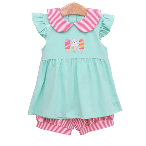 6.19 GSSO2624 Baby Girls Aqua Flutter Sleeves Popsicle Tunic Pink Stripe Short Set Preorder