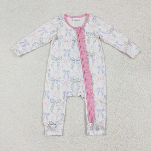 LR2158 Baby Infant Girls Pink Ruffles Blue Bows Zip Romper