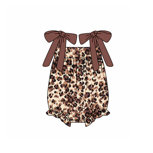 3.19 SR2913 Baby Infant Girls Dark Brown Bows Strap Leopard Rompers Preorder