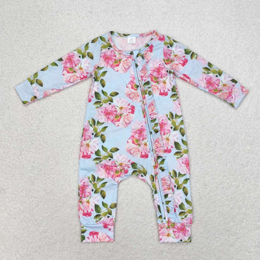 3.13 RTS LR0880 baby girl flower zipper romper -Bamboo