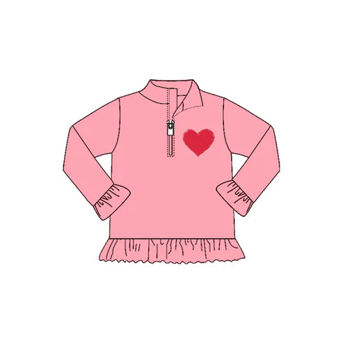 10.6 GT1271 Baby Girls Pink Long Ruffle Sleeve Hearts Zipper Valentine Pullovers Top Preorder