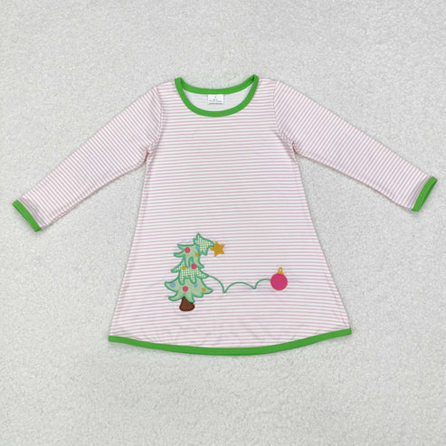 GLD0704 Baby Girls Christmas Pink Stripes Tree Knee Length Dress