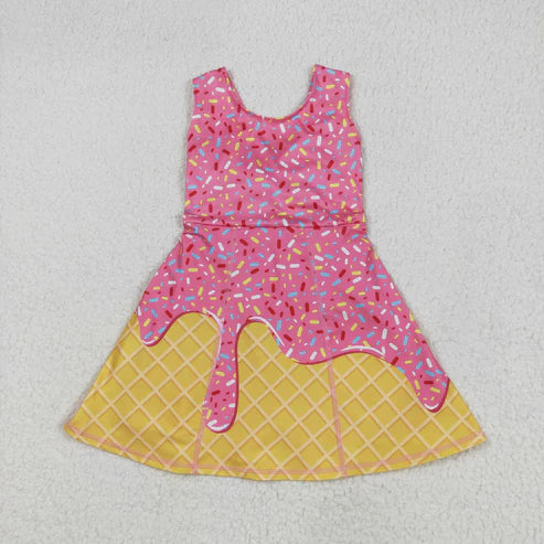 6.9 GSD2417 Baby Girls Pink Ice-cream Drip Yoga Skort Knee Length Dress