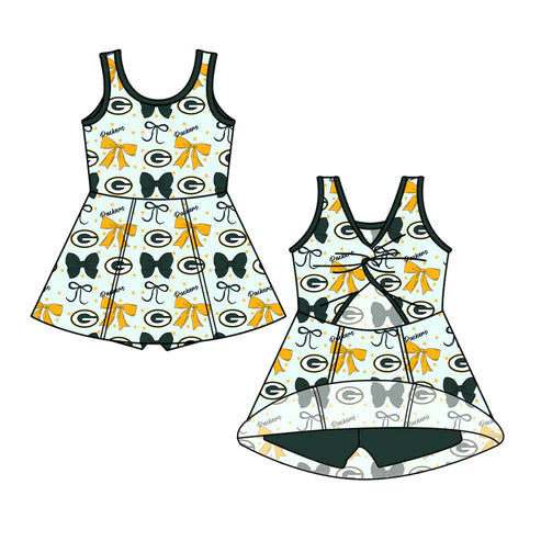 7.2 Custom Moq 3 Baby Girls Sleeveless GB Packers Bows ﻿Plaid Shorts Team Knee Length Dresses