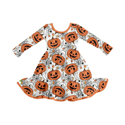 8.6 GLD1258 Baby Girls Halloween Ghost Pumpkins Plaid Ruffle Knee Length Dresses Preorder