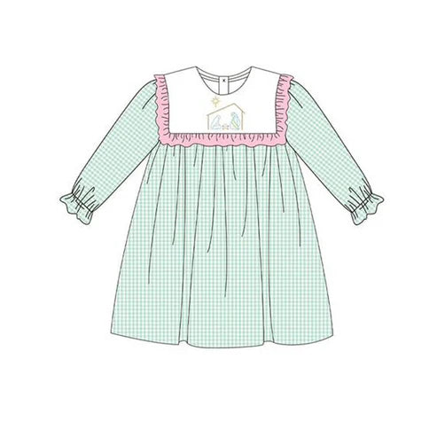 6.7 GLD1088 Baby Girls Aqua Plaid Long Ruffle Sleeves Jesus Knee Length Dresses Preorder