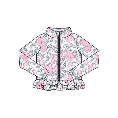 10.25  GT1322 Baby Girls Pink Flowers Ruffle Yoga Zipper Jackets Top Preorder