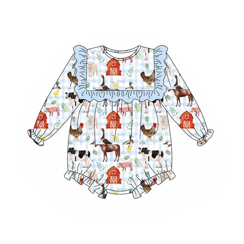 6.27 LR2362 Baby Girls Long Ruffle Sleeves Houses Chicks Plaid Rompers Preorder