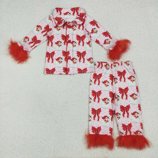 8.16 GLP2373 Baby Girls Red Long Sleeves With Fur Bows Santa Button Top Pants Pajamas Set