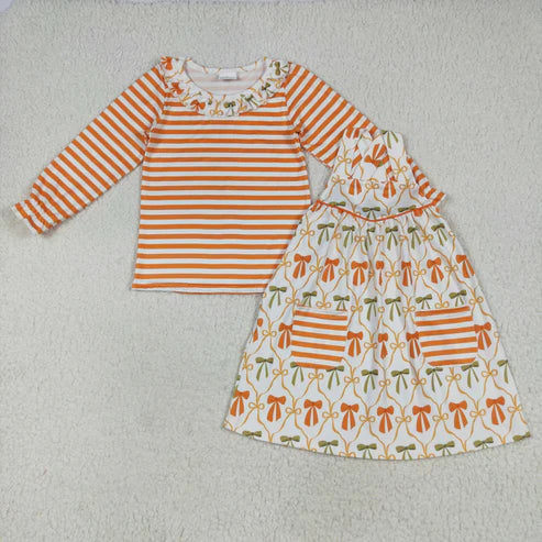 7.10 GT1074+GSD2676 Baby Girls Stripe Bows Top Pockets Knee Length Dresses 2pcs Clothes Set