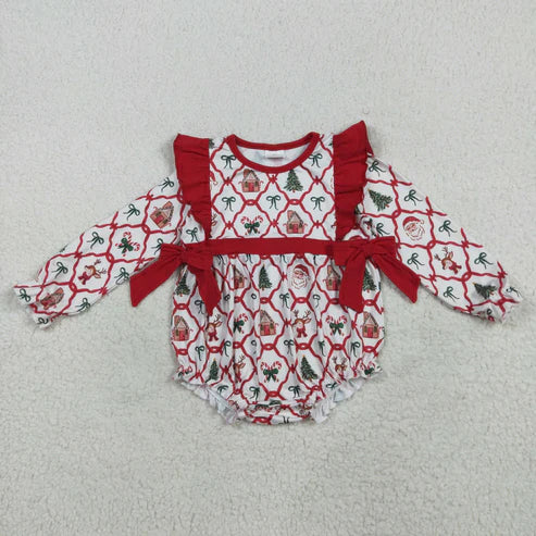 8.14 LR2352 Baby Girls Long Sleeves Trees Bows Plaid Ruffle Romper